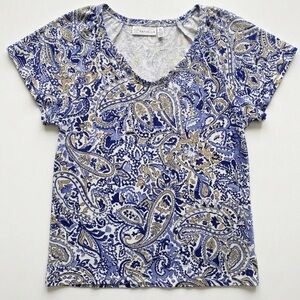 Rafaella Blue and Tan Paisley V-Neck Short Sleeve Top